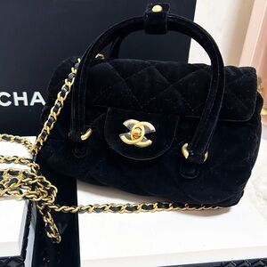 Authentic CHANEL Rare Black Velvet Mini Top Handle Crossbody Bag